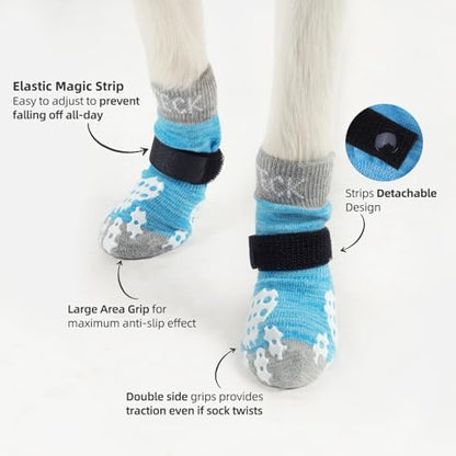 PUPTECK Anti-Slip Dog Socks with Double Sides Grips for Small Medium Large Dogs Hardwood Floors Prevents Licking, Dog Shoes for Hot Pavement Traction Control Paw Protector for Senior Dogs, Blue M