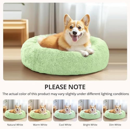 JOLLYVOGUE Calming Dog Beds Large Sized Dog, 36in Donut Washable Large Pet Bed, Anti-Slip & Anti-Anxiety Fluffy Faux Fur Round Dogs Bed, Fits up to 80 lbs Pets (Light Green)