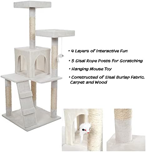 Cat Tree - 4-Tier Cat Tower for Indoor Cats with Perches, Kitty Condo, 5 Cat Scratching Posts, Hanging Toy, and 2-Step Ladder by PETMAKER (White)