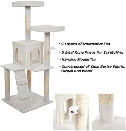 Cat Tree - 4-Tier Cat Tower for Indoor Cats with Perches, Kitty Condo, 5 Cat Scratching Posts, Hanging Toy, and 2-Step Ladder by PETMAKER (White)