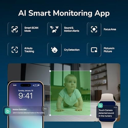 Babysense TOUCH 7" Touchscreen Smart WiFi Baby Monitor with App, Camera and Audio, 2 Cameras with Night Light, 4MP Dual-Lenses with 6X Zoom, AI Auto Tracking, Focus Area, Split-Screen, No Subscription