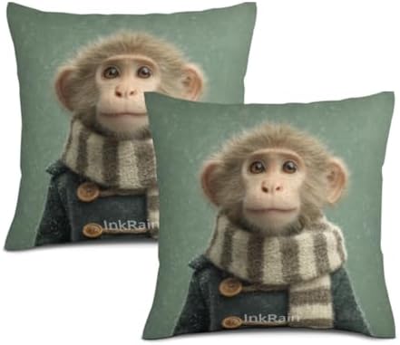 InkRain Winter Animal Cute Monkey Pillow Cover 20x20 Inch Set of 2 Home Decor Decorative Cotton Linen Illustration Pillowcases for Living Room House Sofa