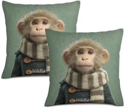 InkRain Winter Animal Cute Monkey Pillow Cover 20x20 Inch Set of 2 Home Decor Decorative Cotton Linen Illustration Pillowcases for Living Room House Sofa