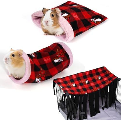 NAPLORD Small Pet Fleece Set,Guinea Pig Snuggle Sack, Tunnel,Fleece Forest Hideout,Square and Round Potty Pads for Guinea Pigs and More