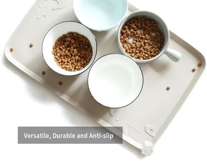 Hoki Found L Silicone Pet Food Mats - Non Slip Cat & Dog Bowl Mats - Waterproof & Carpet Safe - Cream Brown