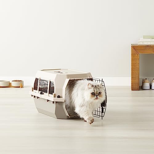 Amazon Basics Hard-Sided Dog and Cat Kennel, Single-Door Travel Pet Carrier with Metal Wire Ventilation, 23.6"L x 15.7"W x 13"H, Beige