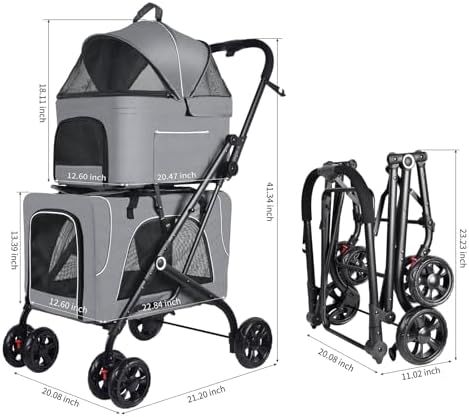 Petmolico Double Pet Stroller with 2 Detachable Carrier Bags, Grey