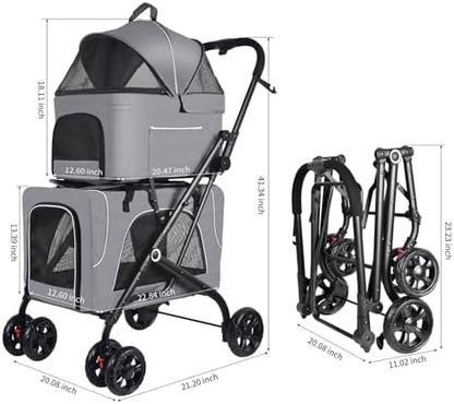 Petmolico Double Pet Stroller with 2 Detachable Carrier Bags, Grey