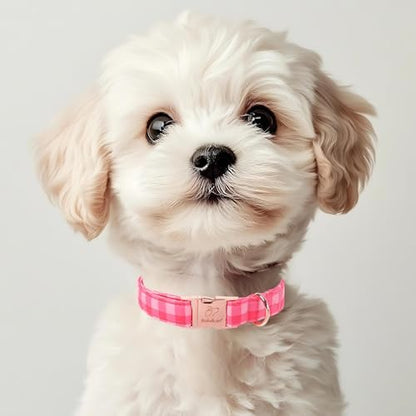 Pink Checkerboard Dog Collar, Classic Girly Plaid Dog Collars, Adjustable Heavy Duty Girl Dogs Collar for Small Medium Large Dogs with Metal Buckle M