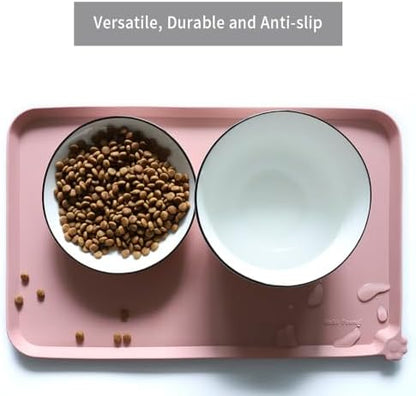 Hoki Found Silicone Pet Food Tray - High-Lips Dog Cat Bowl Mats - Waterproof Dog Cat Food Mats - Neutral Pink