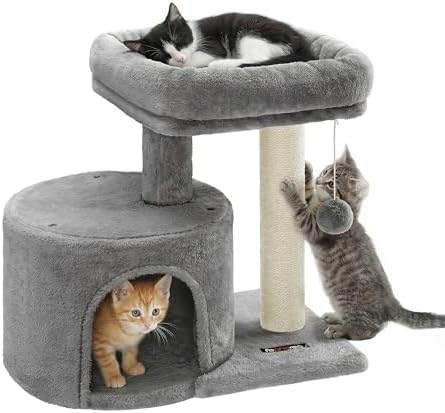 Feandrea Cat Tree, 18.5-in Small Cat Tower, Cute Kittens Condo, Light Gray