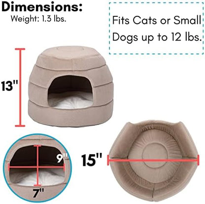 BIRDROCK HOME 2 in 1 Pet Bed for Cats or Small Dogs - Cozy Cat Cave or Plush Dog Bed - Indoor Teepee House for Pets (15 Inch Wide, Beige)