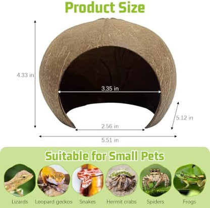 PINVNBY Large Natural Coconut Reptile Hideouts Lizard, Coco Hut Hermit Crab Hut Aquarium Fish Hide Cave for Small Reptile Crested Gecko Leopard Gecko Spider Snail Climber Toys