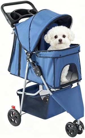 3 Wheels Pet Stroller,Storage Basket and Cup Holder, Breathable Mesh, Waterproof and Foldable for Small/Medium Dogs and Cats Strollers, Lightweight Travel Carrier for Daily Walks & Outdoor，Blue