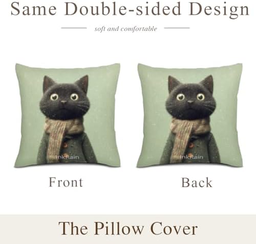 InkRain Winter Animal Cute Black Cat Pillow Cover 26x26 Inch Set of 2 Home Decor Decorative Cotton Linen Illustration Pillowcases for Living Room House Sofa