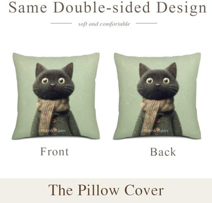 InkRain Winter Animal Cute Black Cat Pillow Cover 26x26 Inch Set of 2 Home Decor Decorative Cotton Linen Illustration Pillowcases for Living Room House Sofa