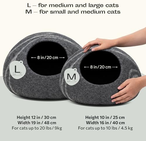 MEOWFIA Cat Cave – Premium Felt Cat Bed Enclosure for Indoor Cats, Handmade Merino Wool (Dark Grey, Large) (Pack of 2)