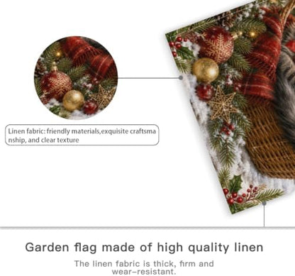 Merry Christmas House Flag 28x40 Inch Tabby Cat Wicker Basket Red Bow Holly Ornament Snowy Vintage Cottage Outdoor Yard Lawn Front Porch Welcome Double Sided Banner Decor