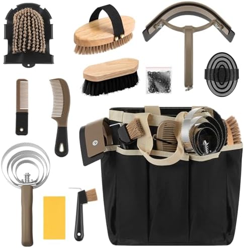 Abbylike 12 Piece Horse Grooming Kit with Organizer Tote Bag Brush Sets for Derby Day Show Horses Professional Tools for Care & Massage