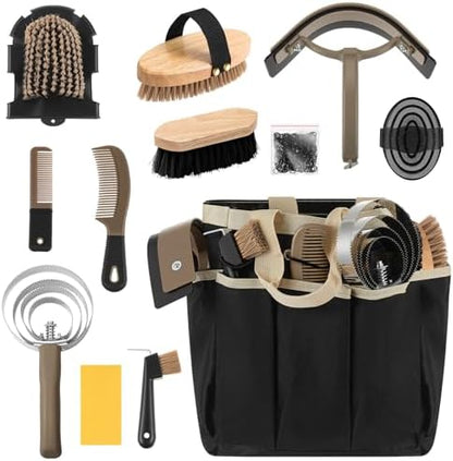 Abbylike 12 Piece Horse Grooming Kit with Organizer Tote Bag Brush Sets for Derby Day Show Horses Professional Tools for Care & Massage