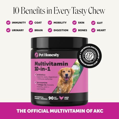10-in-1 Dog Multivitamin Supplement with Glucosamine & Probiotics - Hip & Joint Support, Digestive Health, Immune Support, Heart & Skin - All-in-One Daily Vitamins & Omega-3s for Dogs, Chicken, 90 Ct