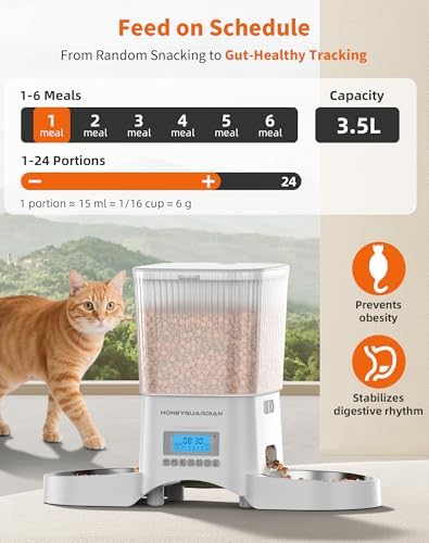 HoneyGuaridan Automatic Cat Feeder for 2 Cats,Automatic Cat Food Dispenser,Timed Pet Feeder for Cats and Dogs,Desiccant Bag, Programmable Portion Control,10s Voice Recorder