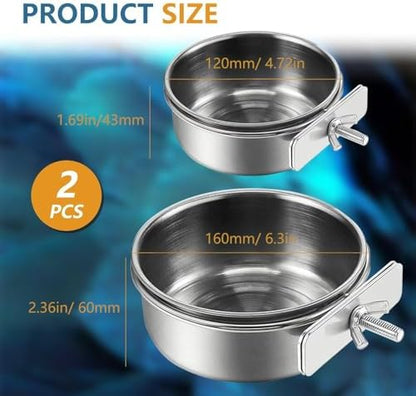 2Pcs Stainless Steel Bird Feeding Bowls, Small Bird Feeding Cup, Stainless Steel Parrot Food Bowl Cage with Holder, Parrot Cage Water Feeder, Pet Cage Cup Holder (Dia 6.3", 4.72",)