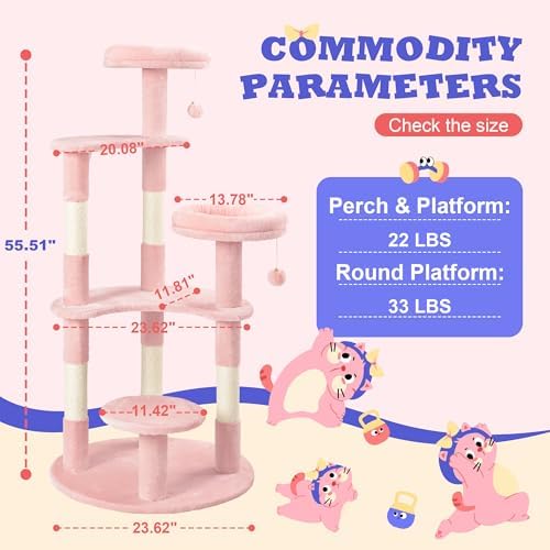 Allewie 55.5 in Cat Tree for Indoor Kitties/Soft Plush Perches/Multi-Level Cat Tower/Sisal Scratching Posts/Crescent Plates/Round Jumping Board/Hanging Ball/Pet Activity Center/Pink