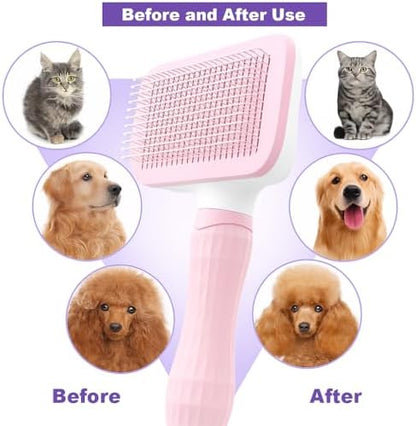 Self-Cleaning Slicker Brush, Dog Cat Bunny Pet Grooming Shedding Brush, Easy to Remove Loose Undercoat, Pet Massaging Tool Suitable for Pets with Long or Short Hair (Baby Pink)