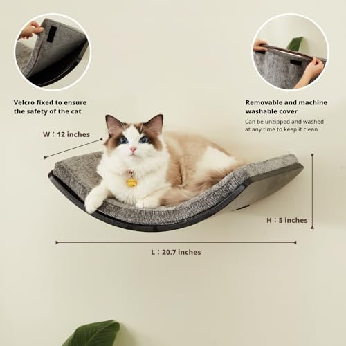 LIORCE Cat Shelf with Comfortable Cushion - Curved Modern Cat Bed (Large Size) - Lotus Leaf Design Cats Wall Perch - Wall Mounted Cats Furniture for Sleeping, Playing, Climbing, and Lounging, Walnut