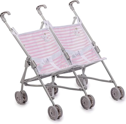 JC Toys Boutique | Twin Folding Umbrella Doll Stroller for Children 2 Years Plus, Pink Stripes and Soft Embroidery | Sturdy Metal Frame | Pretend Play with Dolls up to 18” Long | Seat Belts