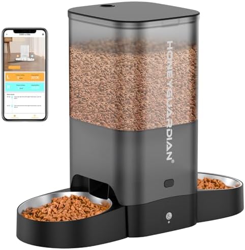 HoneyGuaridan 5L Automatic Cat Feeder for Two Cats, 2.4/5G WiFi Smart Feed Pet Feeder with Stainless Steel Bowl,APP Control Dispenser, Dual Power Supply,Desiccant Bag,10s Meal Call Black