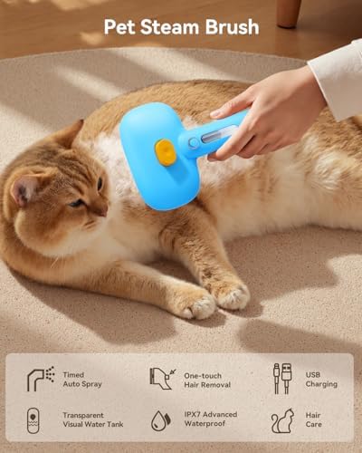 ROJECO 3-in-1 Pet Steam Brush,Spray Hair Removal Detangling Comb,Blue