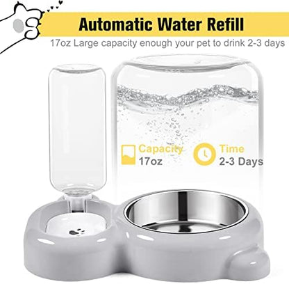 Dog Bowls, Cat Food and Water Bowl Set with Water Dispenser and Stainless Steel Bowl for Cats and Small Dogs - Grey