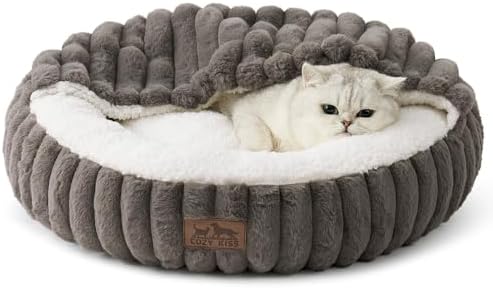 Cat Bed with Hooded Blanket, Round Fluffy Anti-Anxiety Pet Bed for Cats/Small Dogs, Cozy Donut Cuddler with Machine Washable Faux Fur & Anti-Slip Bottom(23"×23"×6",Grey)