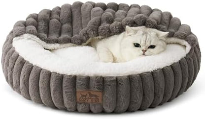 Cat Bed with Hooded Blanket, Round Fluffy Anti-Anxiety Pet Bed for Cats/Small Dogs, Cozy Donut Cuddler with Machine Washable Faux Fur & Anti-Slip Bottom(23"×23"×6",Grey)