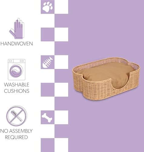 DBD1002B Scallop Handwoven Water Hyacinth Pet Bed with Machine Washable Cushion, 27" x 18.25" Wicker Cat and Dog Bed for Small to Medium Pets, Boho Tropical Style Basket, Light Brown