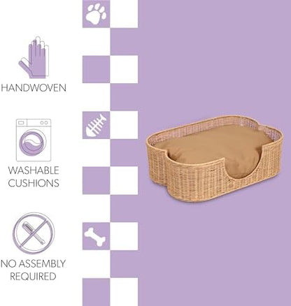 DBD1002B Scallop Handwoven Water Hyacinth Pet Bed with Machine Washable Cushion, 27" x 18.25" Wicker Cat and Dog Bed for Small to Medium Pets, Boho Tropical Style Basket, Light Brown