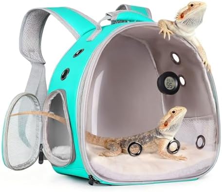 Bearded Dragon Backpack Carrier w/Reptile Thermometer Hygrometer, Clear Bubble Window Astronaut Space Capsule Travel Bag for Leopard Gecko, Ball Python, Lizard, Hermit Crab, Spider, Guinea Pig