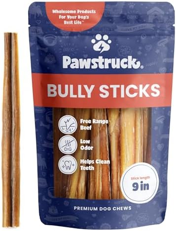 Pawstruck All-Natural 9" Bully Sticks for Dogs - Long Lasting, Rawhide-Free, Low Odor & Grain-Free Dental Chew Treat - Healthy Single Ingredient, 100% Real Beef - 1 lb Bag