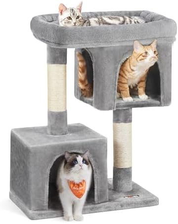 Feandrea Cat Tree, 33.1-Inch Cute Cat Tower, Plush Kitten Condo, Light Gray