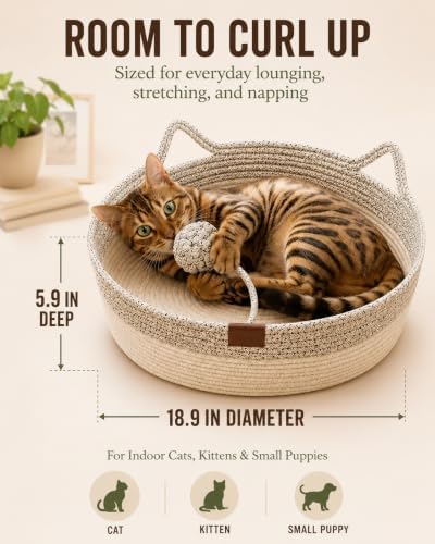 Cat Bed Handwoven Rope Basket Instinct for Indoor Cotton Natural Woven Hanging Scratcher Cushion Sleep Scratch Play Scratching Round Toy BEF Holder
