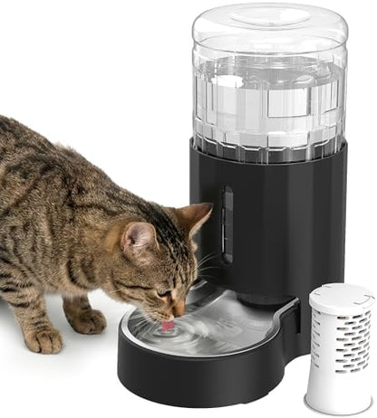 JUNSPOW Cat Water Dispenser with Filter and Stainless Steel Bowl (4L Black)