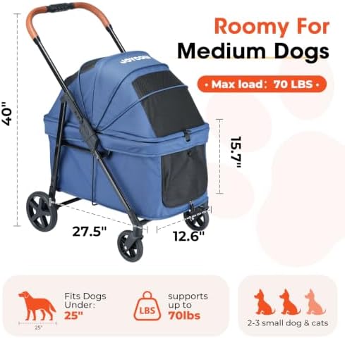 Foldable Pet Stroller Small Dogs Cats Up to 70 lb All-Terrain, Blue