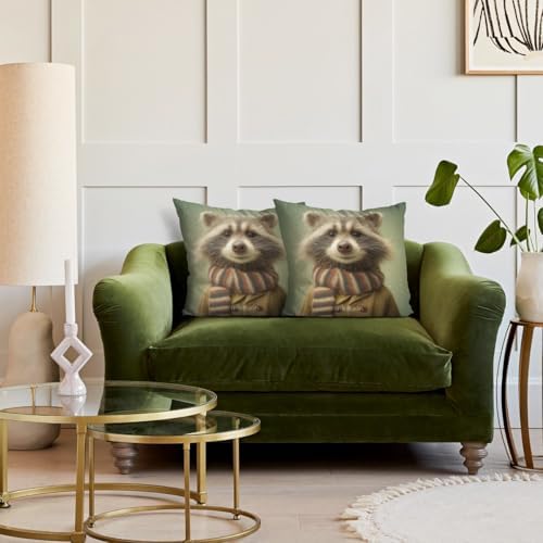 InkRain Winter Animal Cute Raccoon Pillow Cover 20x20 Inch Set of 2 Home Decor Decorative Cotton Linen Illustration Pillowcases for Living Room House Sofa