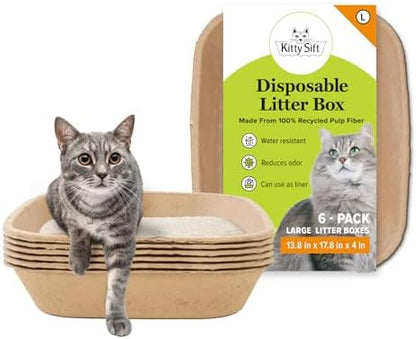 Kitty Sift Disposable Cat Litter Box Large, 6 Count, Durable Portable for Travel and Home, Eco-Friendly Disposable Litter Box Controls Odor