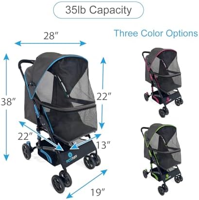 22” Buddy Buggies Foldable Pet Stroller - Shock Absorbing Frame with Storage - Machine Washable Fabric - Durable Mesh & UV Protected Retractable Canopy - Cat & Dog Stroller Up to 30lb