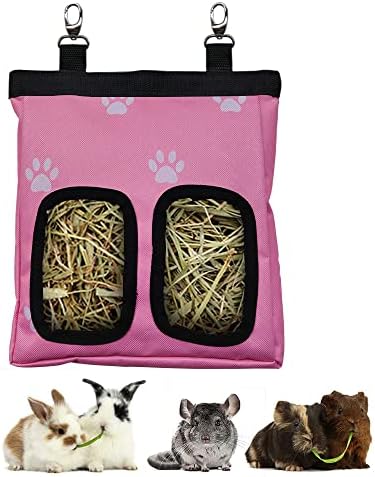 RIOUSSI Guinea Pig Hay Feeder, Hanging Rabbit Hay Feeder Bag. Pink Paws
