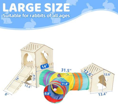 Extra Large Sturdy Rabbit Hideout with 3 Way Tunnels, Wooden Bunny Castle with Stairs, Rabbit Hideout Castle Tower Toys for Indoor Outdoor Play