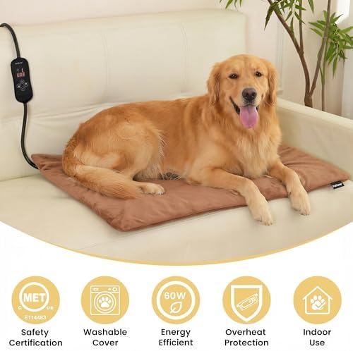 Upgraded Pet Heating Pad, 5 Adjustable Temperature & Timer, Chew-Resistant Electric Heated Dog Cat Bed, Auto Power-Off, Waterproof, 31.5" x 23.4"